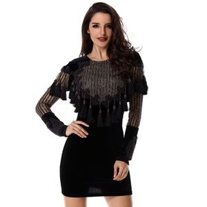 Hot Miami Styles Black Beaded Velvet Mini Dress